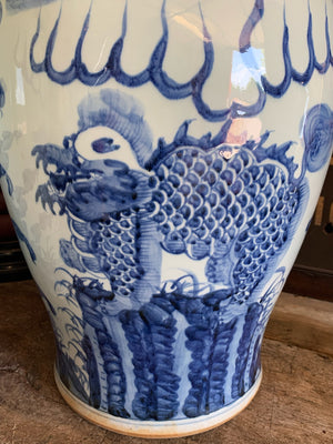 A pair of very large blue and white ginger jars