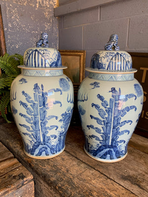 A pair of very large blue and white ginger jars