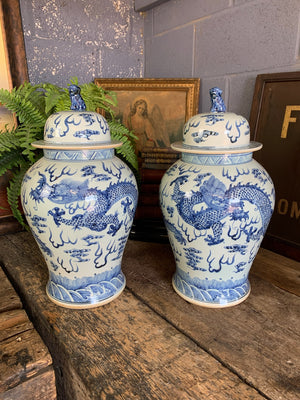 A pair of large blue and white ginger jars