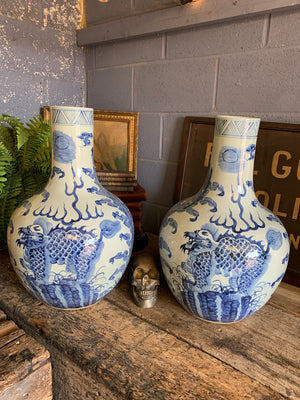 A pair of very large blue and white floor vases