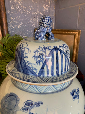 A pair of very large blue and white ginger jars