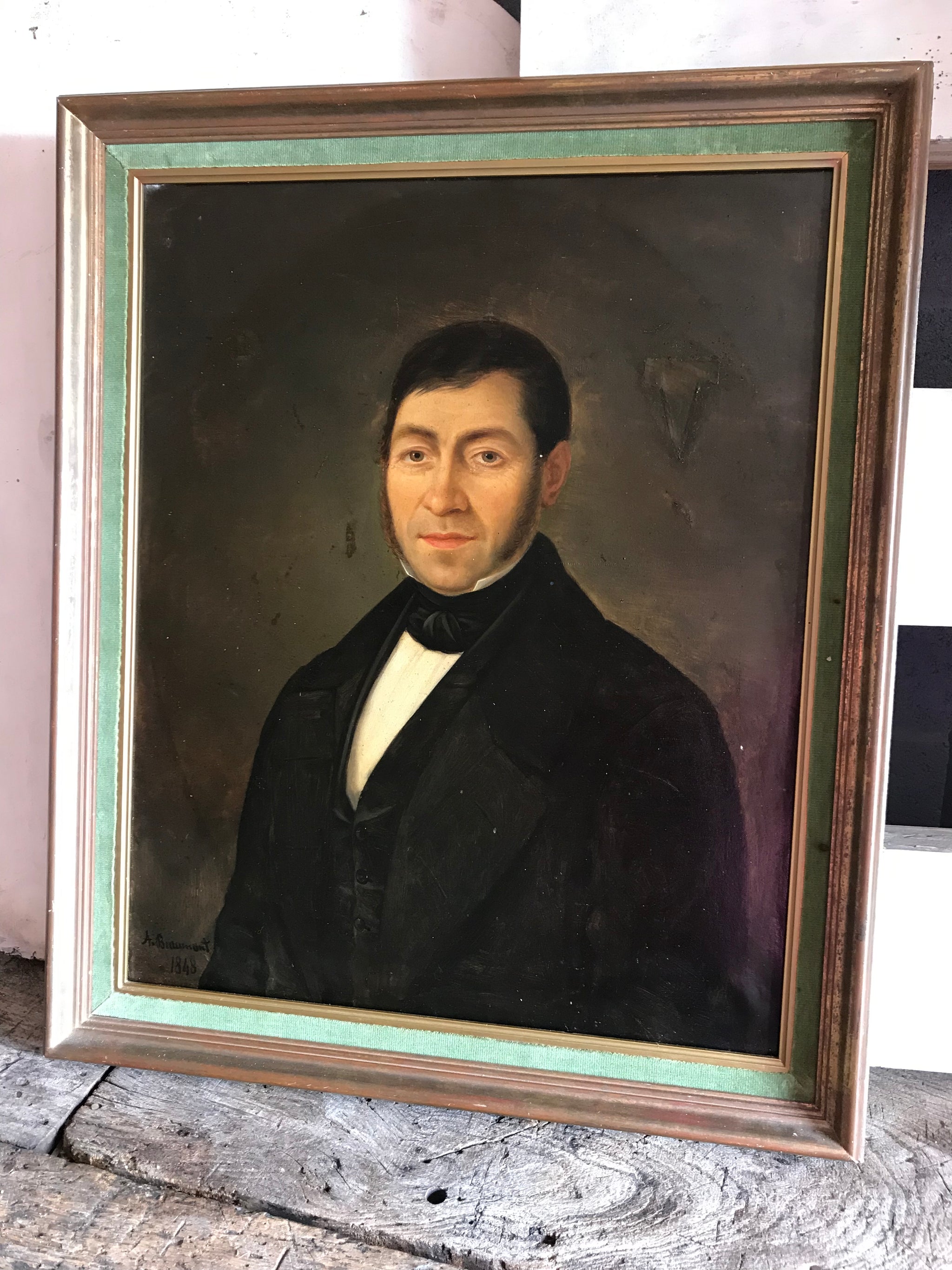A large Victorian oil painting of a gentleman- French, signed, dated 1848