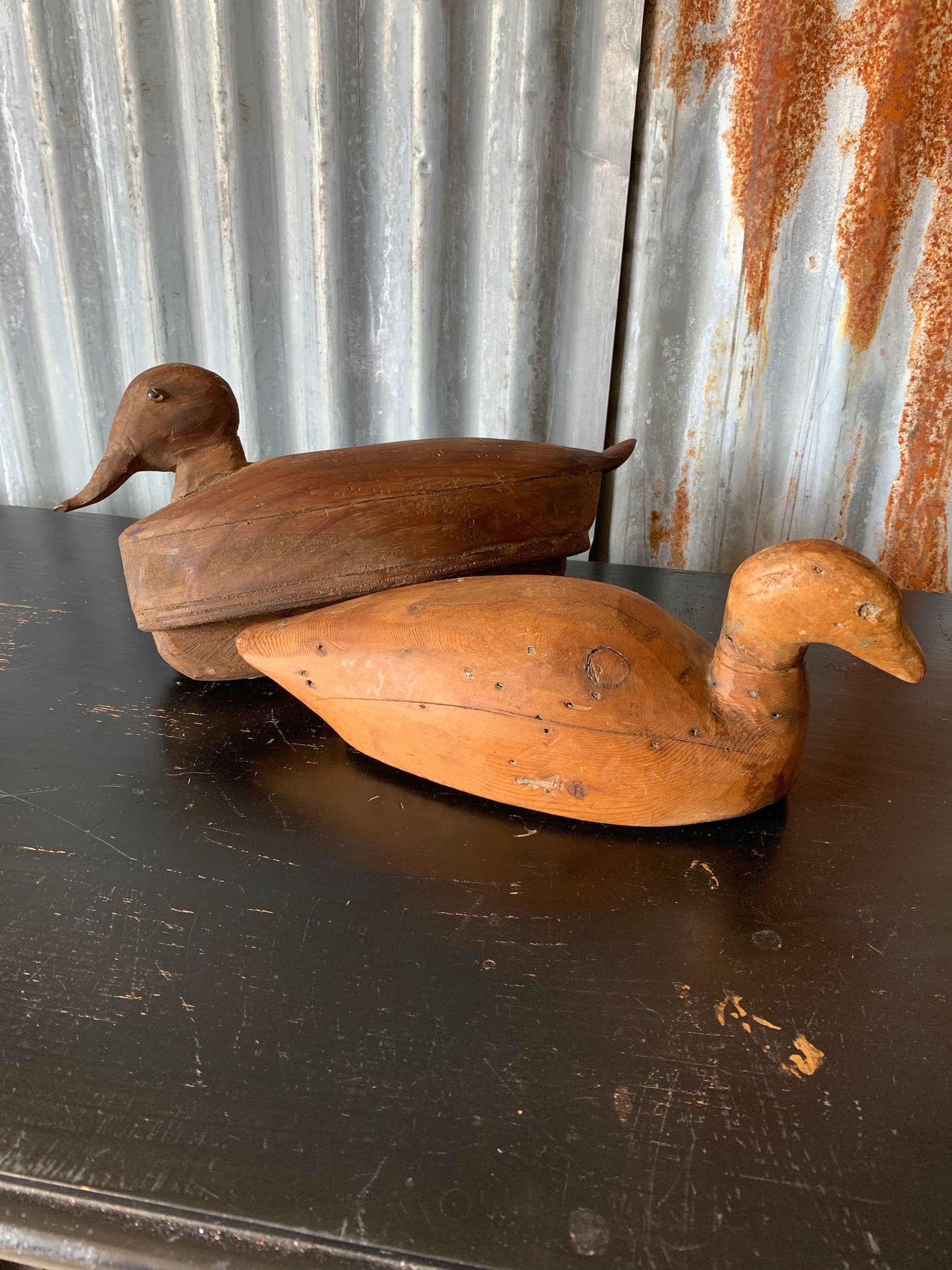 A primitive wooden duck decoy