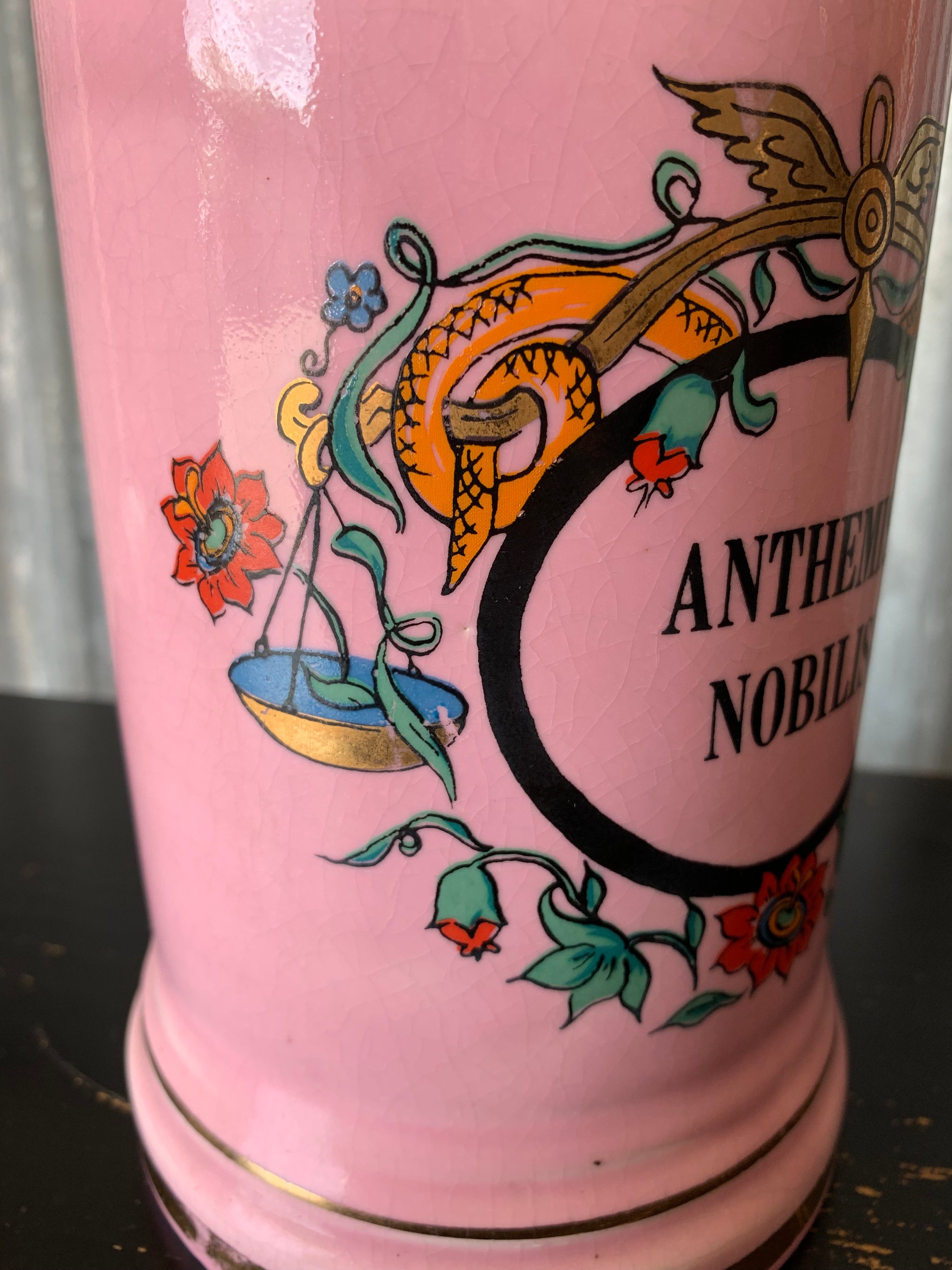 A large pink porcelain hand painted apothecary jar