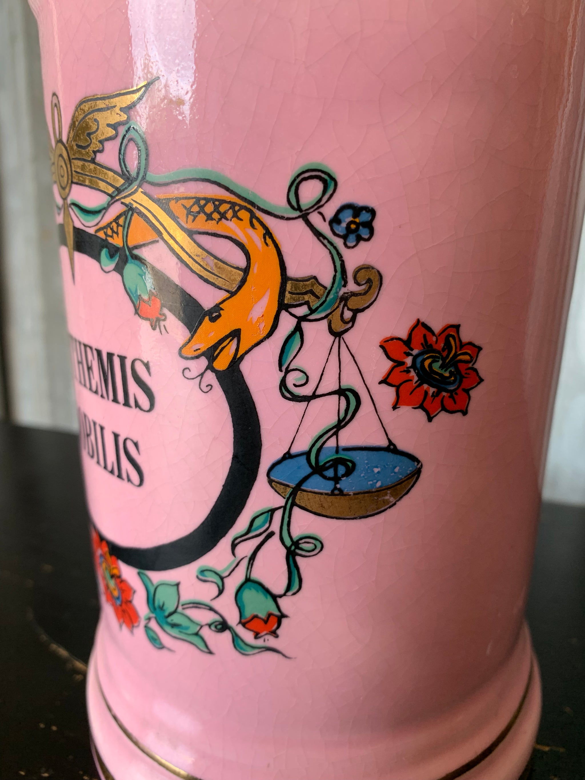 A large pink porcelain hand painted apothecary jar