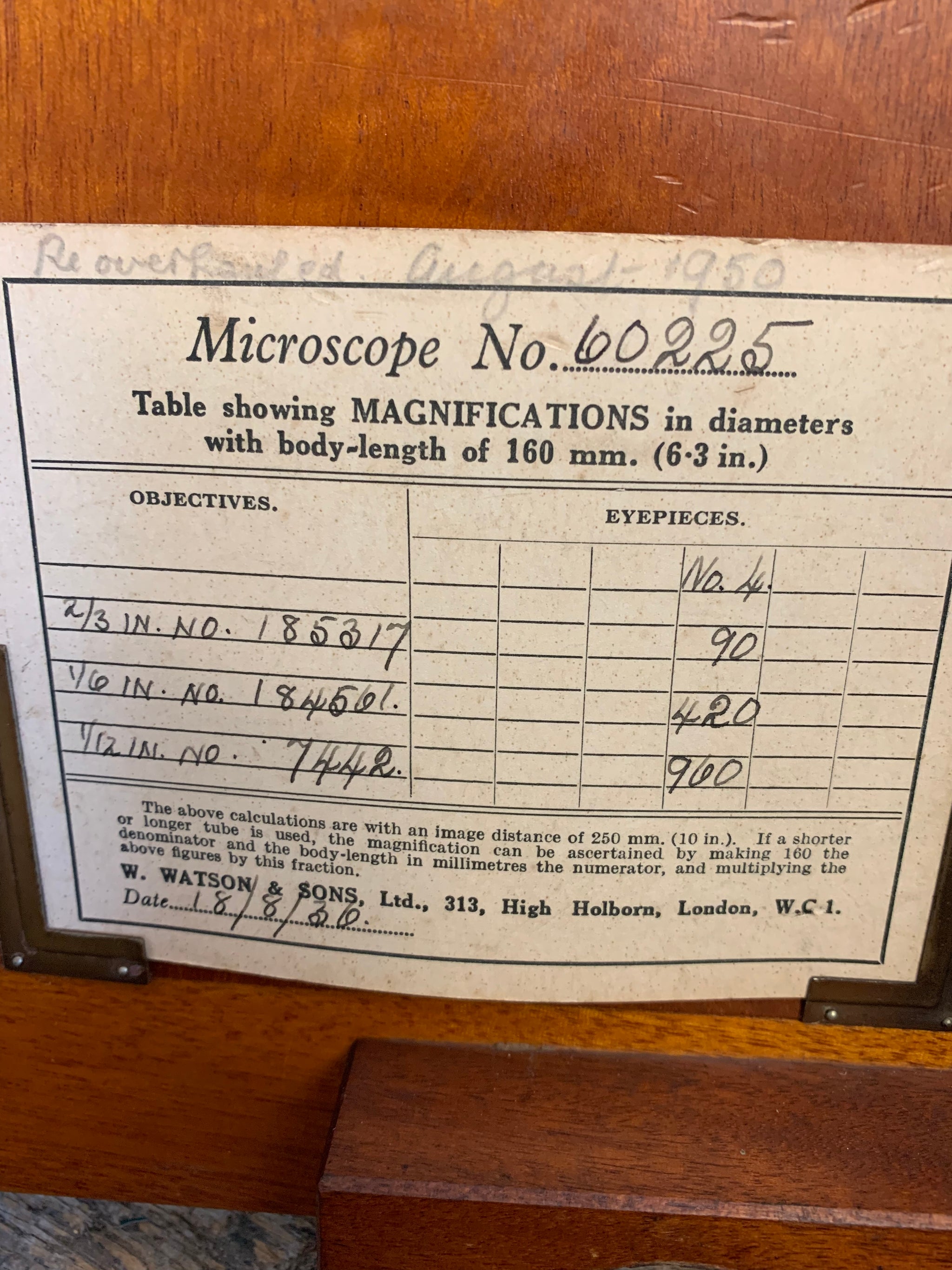 A Watson Service brass monocular microscope in original wooden case