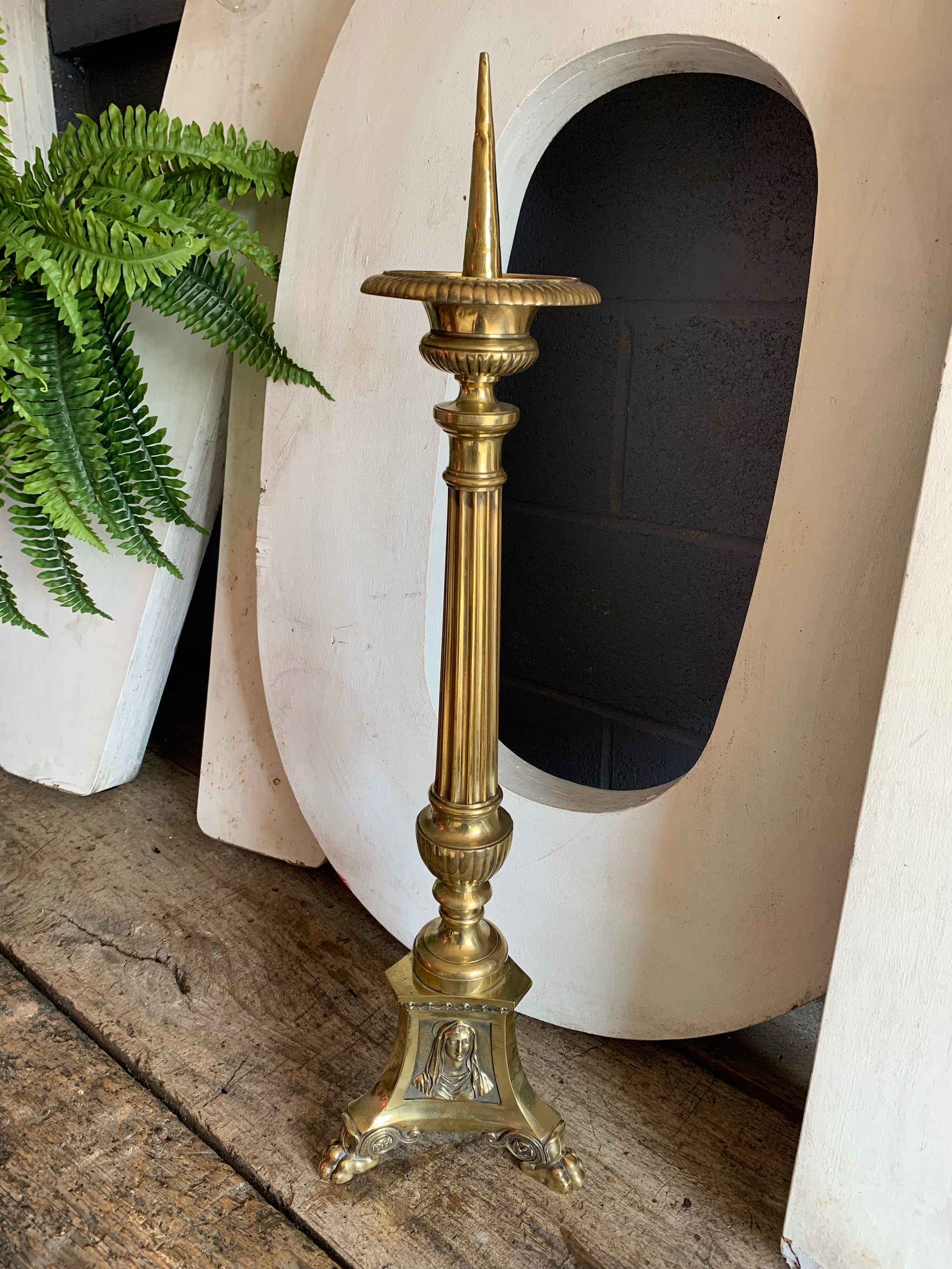 A large ornate brass Gothic church pricket candlestick - Belle and Beast  Emporium