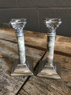 A pair of Grand Tour marble silver plate Corinthian column candlesticks