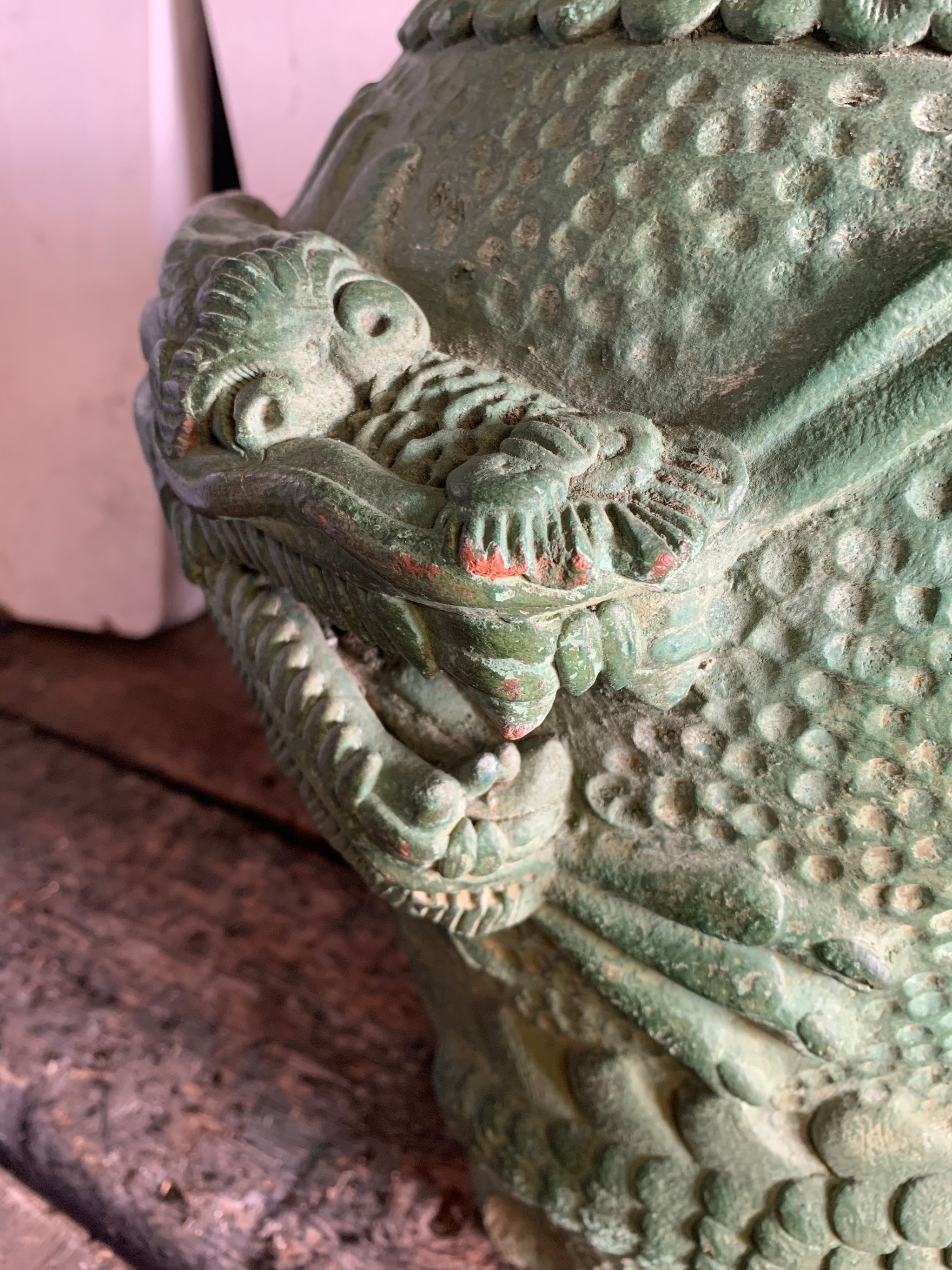 A large pair of green Yixing / Tokoname style terracotta dragon motif urns