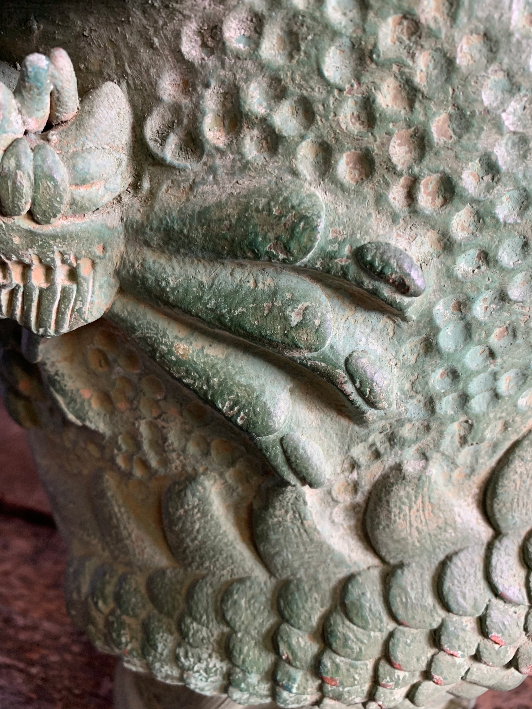 A large pair of green Yixing / Tokoname style terracotta dragon motif urns