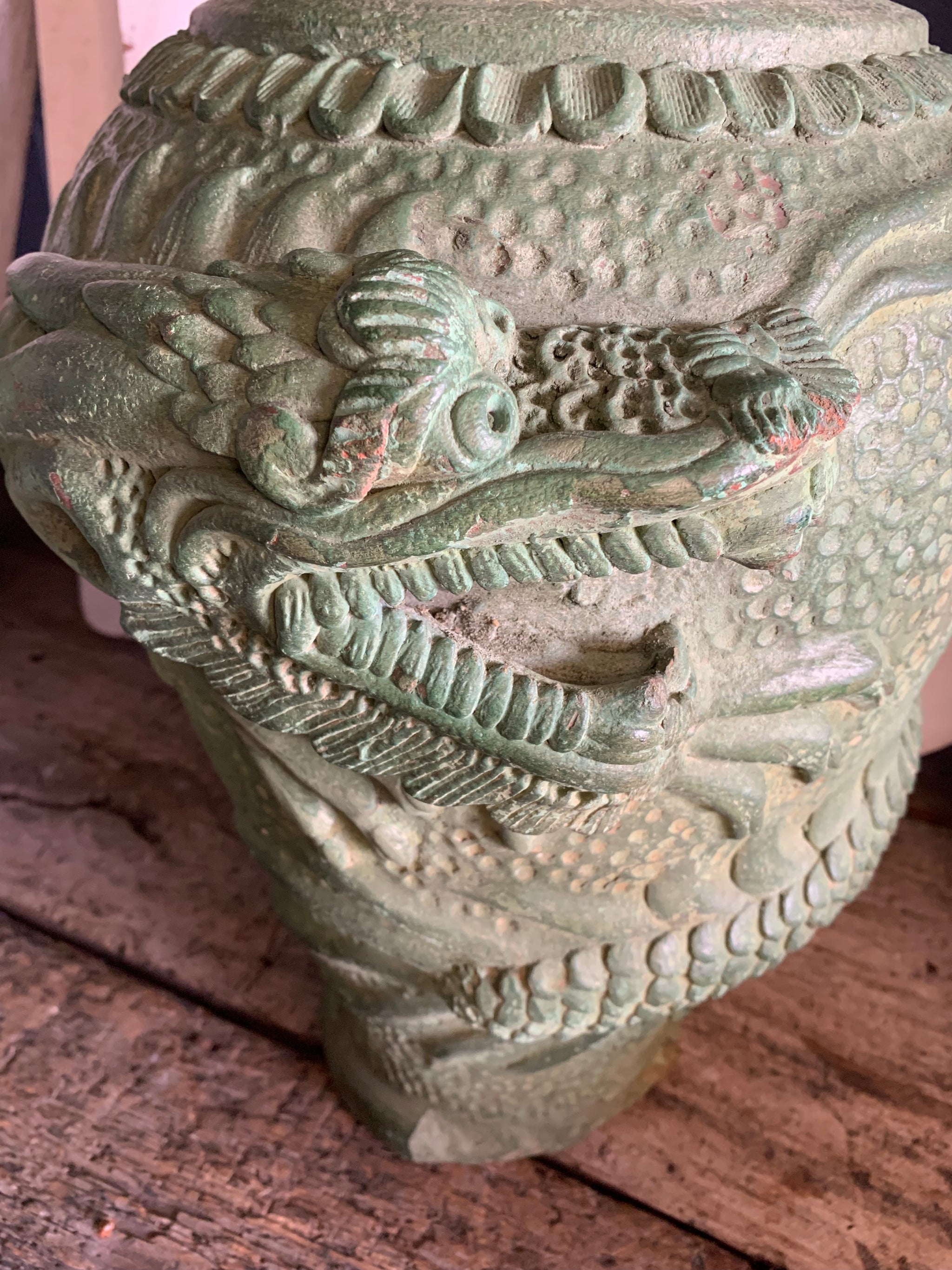 A large pair of green Yixing / Tokoname style terracotta dragon motif urns