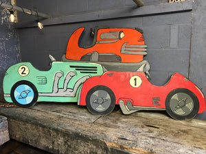A hand painted dodgem vintage car cut out panel- orange
