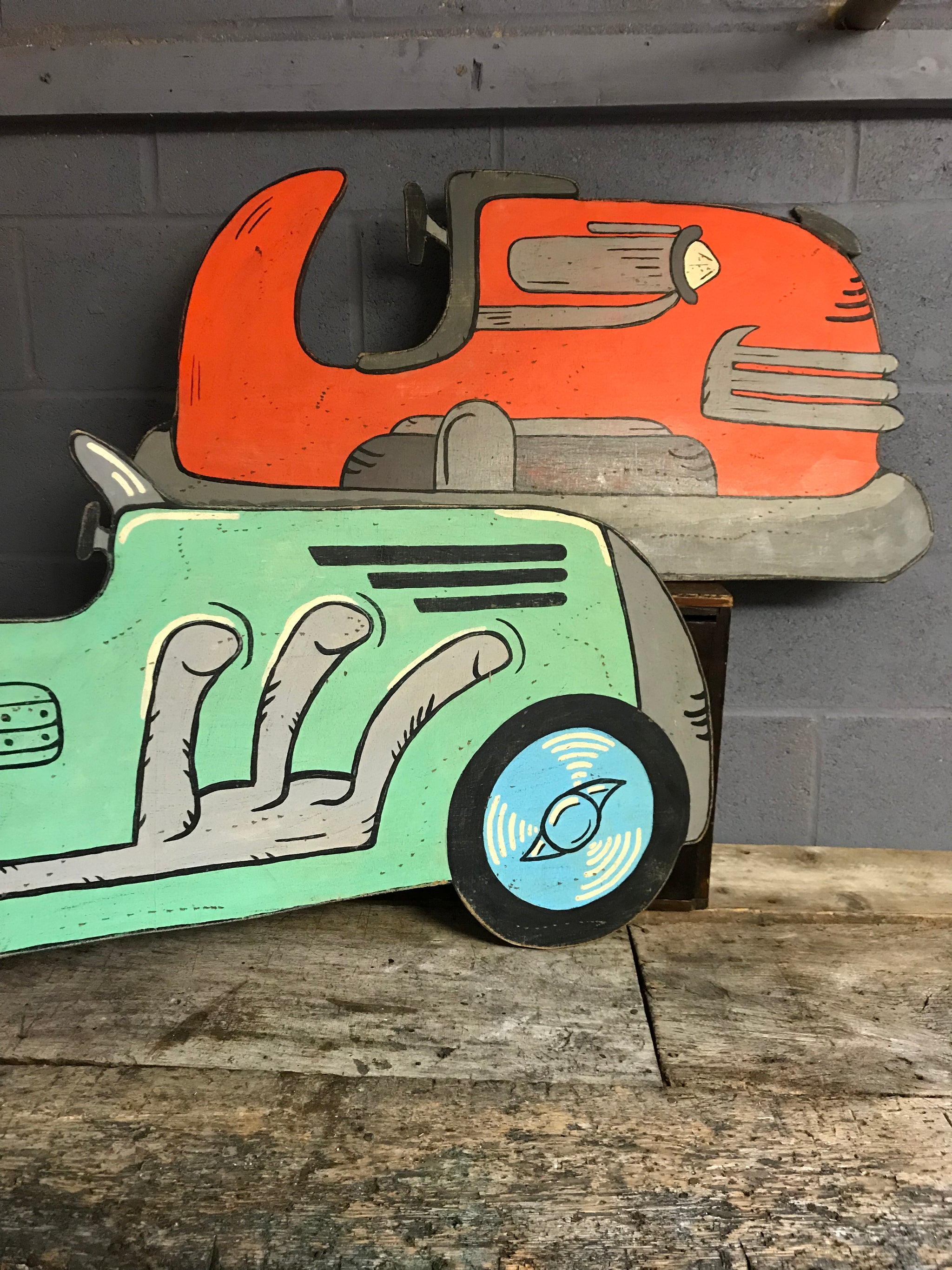A hand painted speedway vintage racing car cut out panel- green
