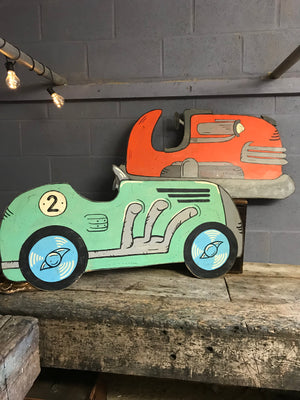 A hand painted speedway vintage racing car cut out panel- green