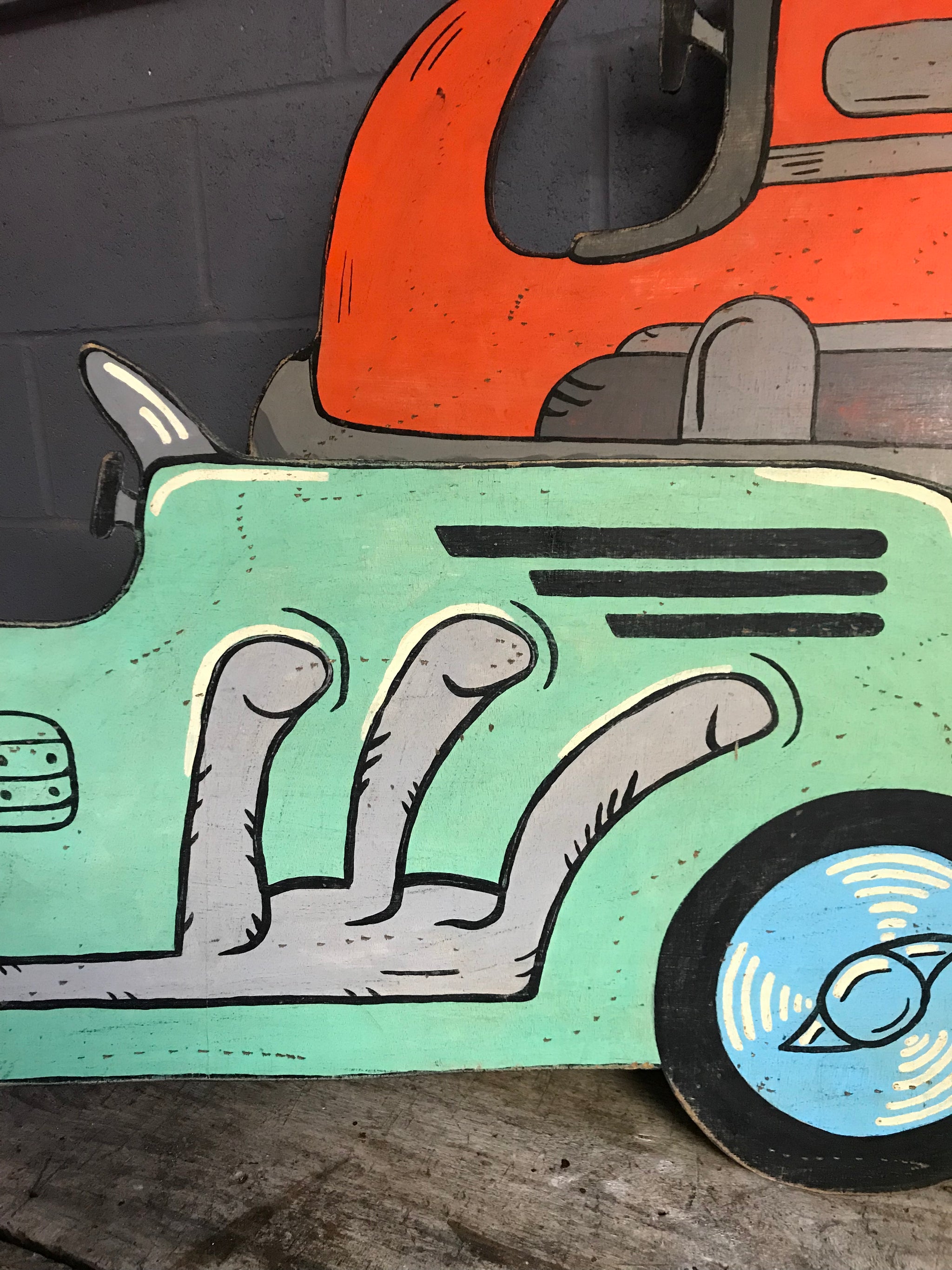 A hand painted speedway vintage racing car cut out panel- green