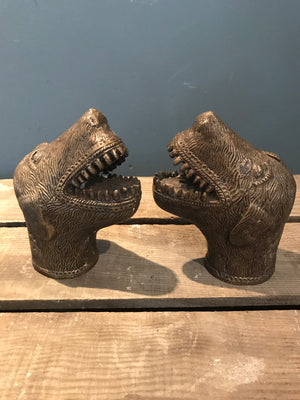 A pair of dog head bronze palanquin finials
