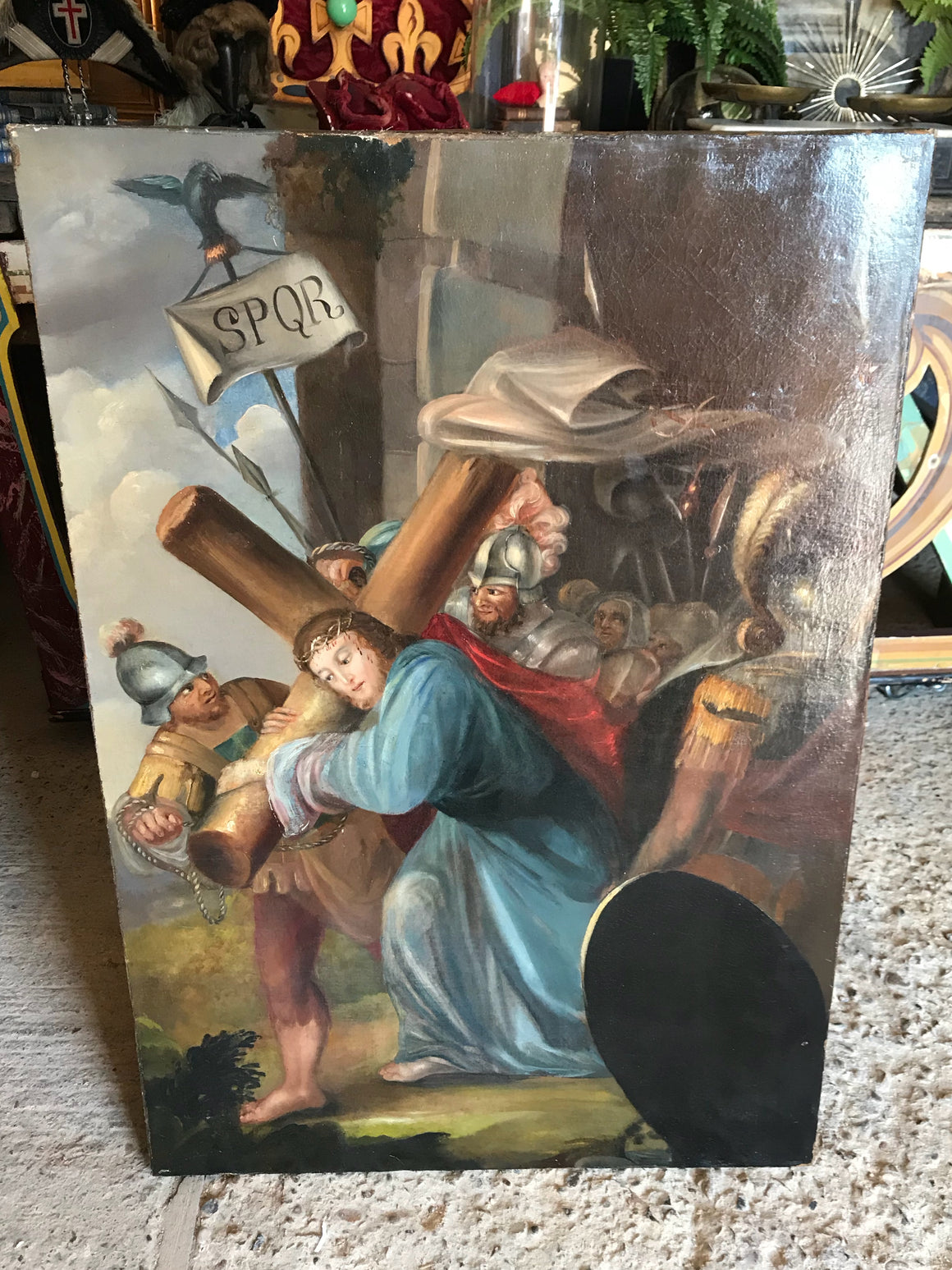 A religious oil portrait painting depicting Jesus Christ carrying His cross- large
