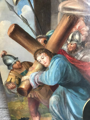 A religious oil portrait painting depicting Jesus Christ carrying His cross- large