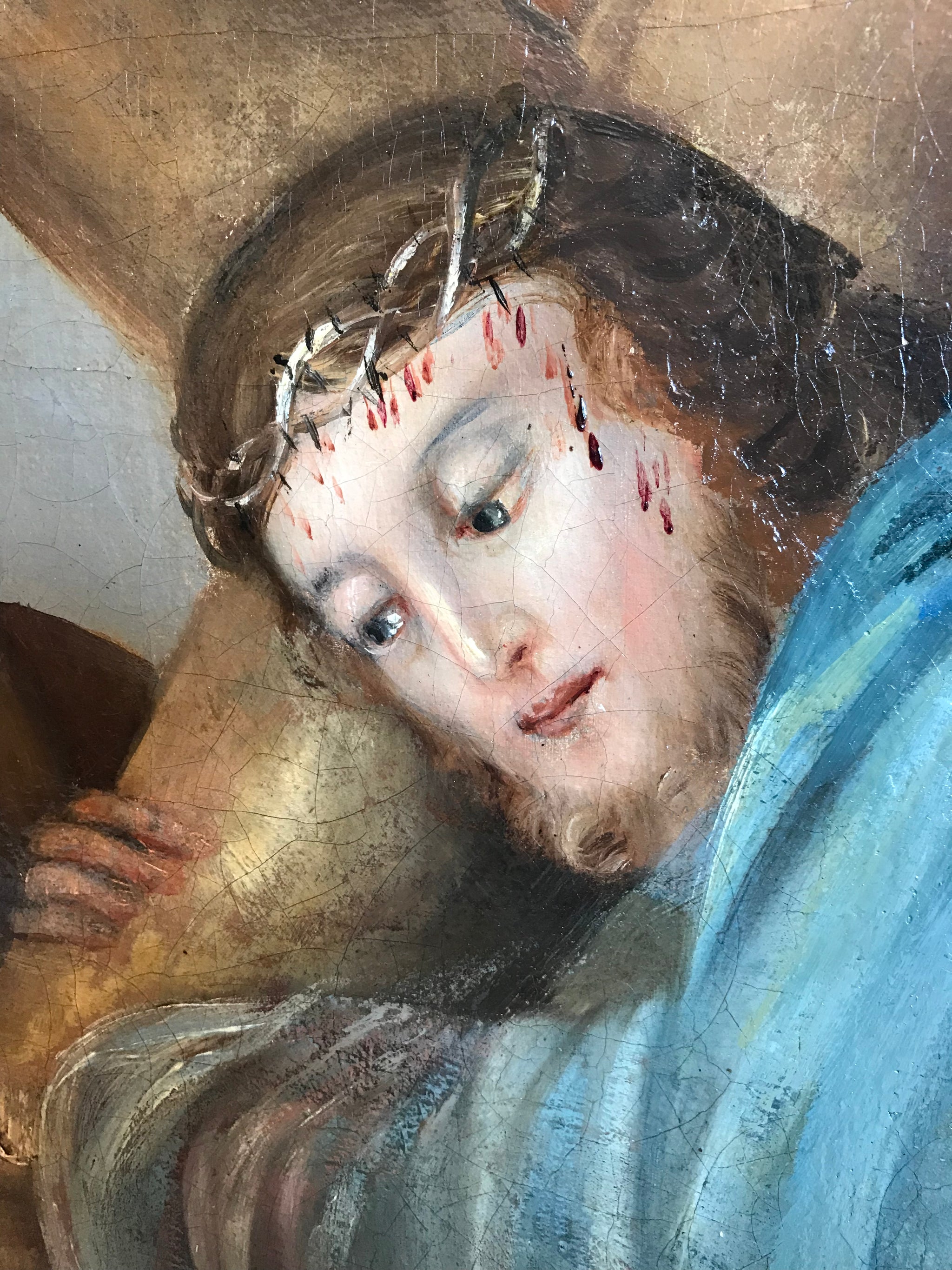 A religious oil portrait painting depicting Jesus Christ carrying His cross- large