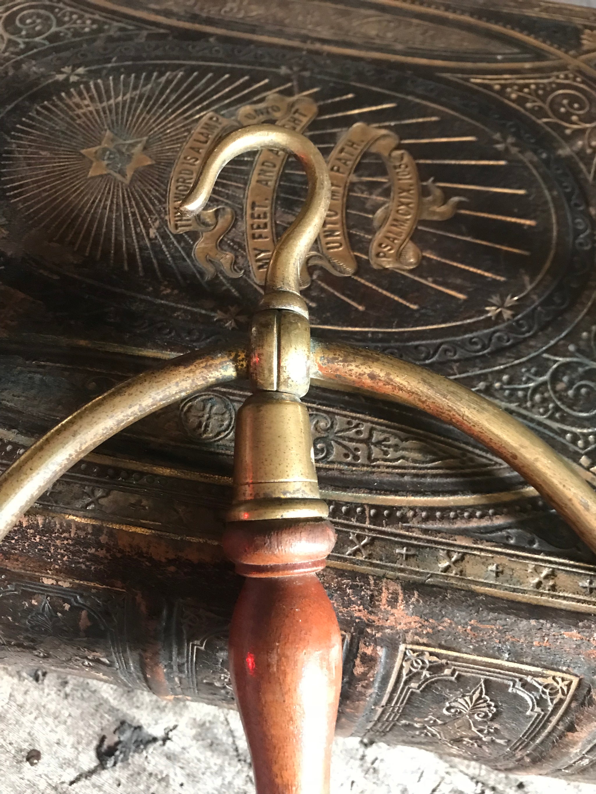 A Victorian or Edwardian wood and brass barrister's wig and gown hanger