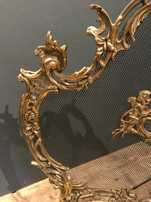 A Rococo style ornate brass and mesh firescreen