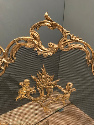 A Rococo style ornate brass and mesh firescreen