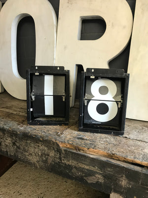 A pair of flip number cricket score boxes