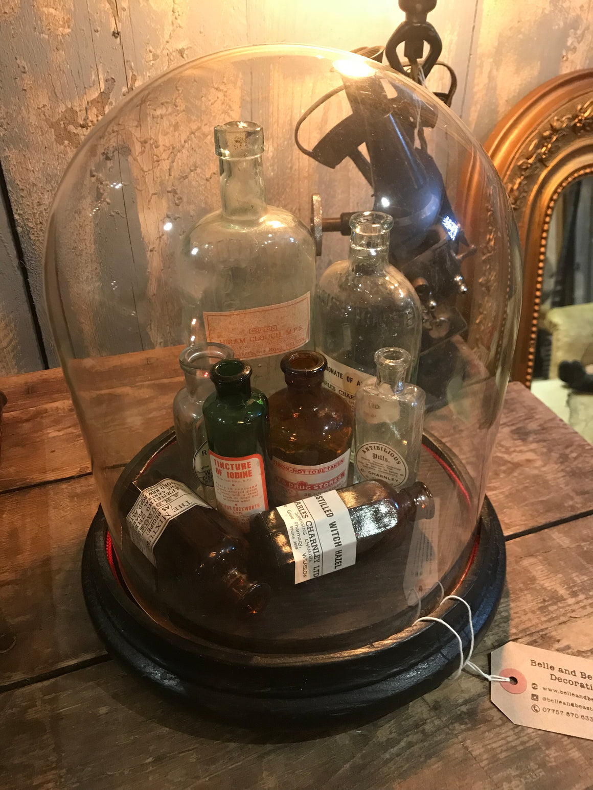 A collection of apothecary bottles and jars under a glass dome