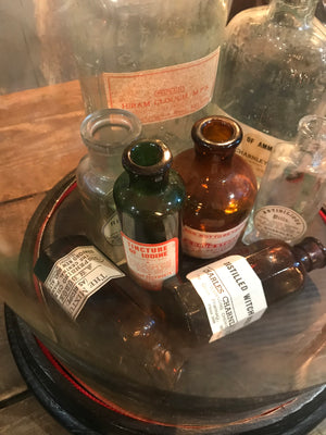 A collection of apothecary bottles and jars under a glass dome