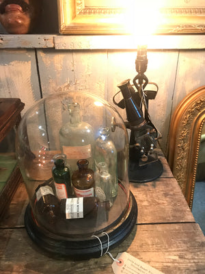 A collection of apothecary bottles and jars under a glass dome