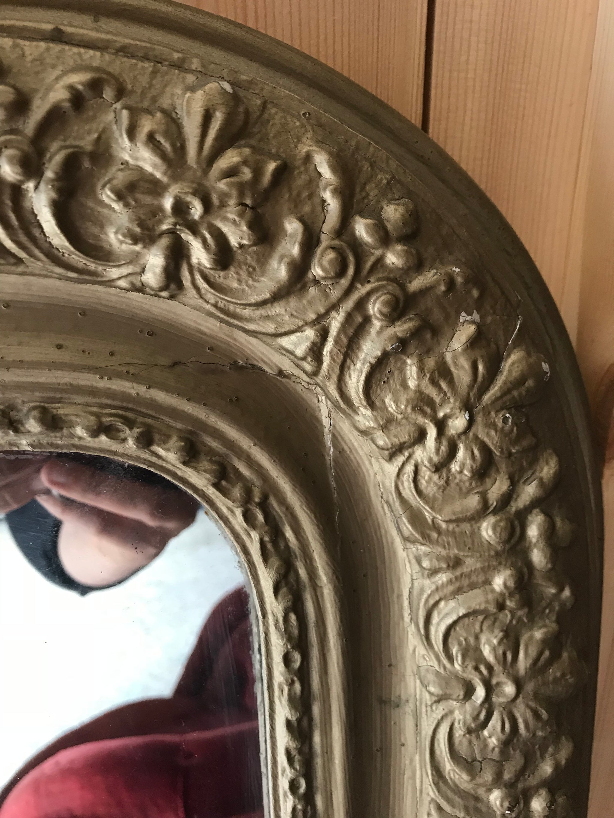 A large arched Louis Philippe overmantle mirror- foxed/distressed mercury glass plate