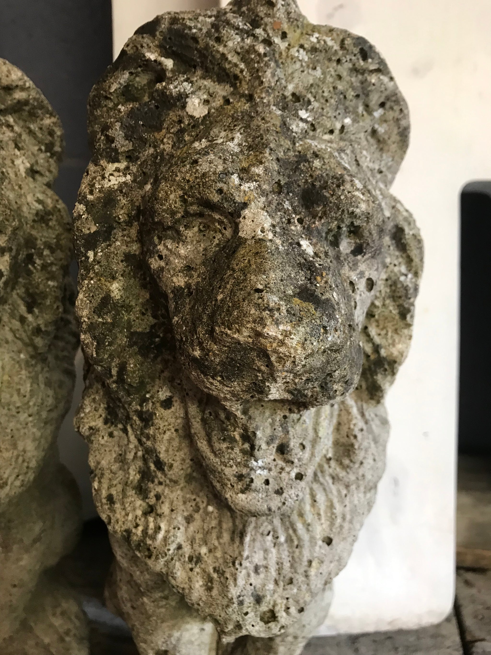 A pair of weathered cast stone lion statues
