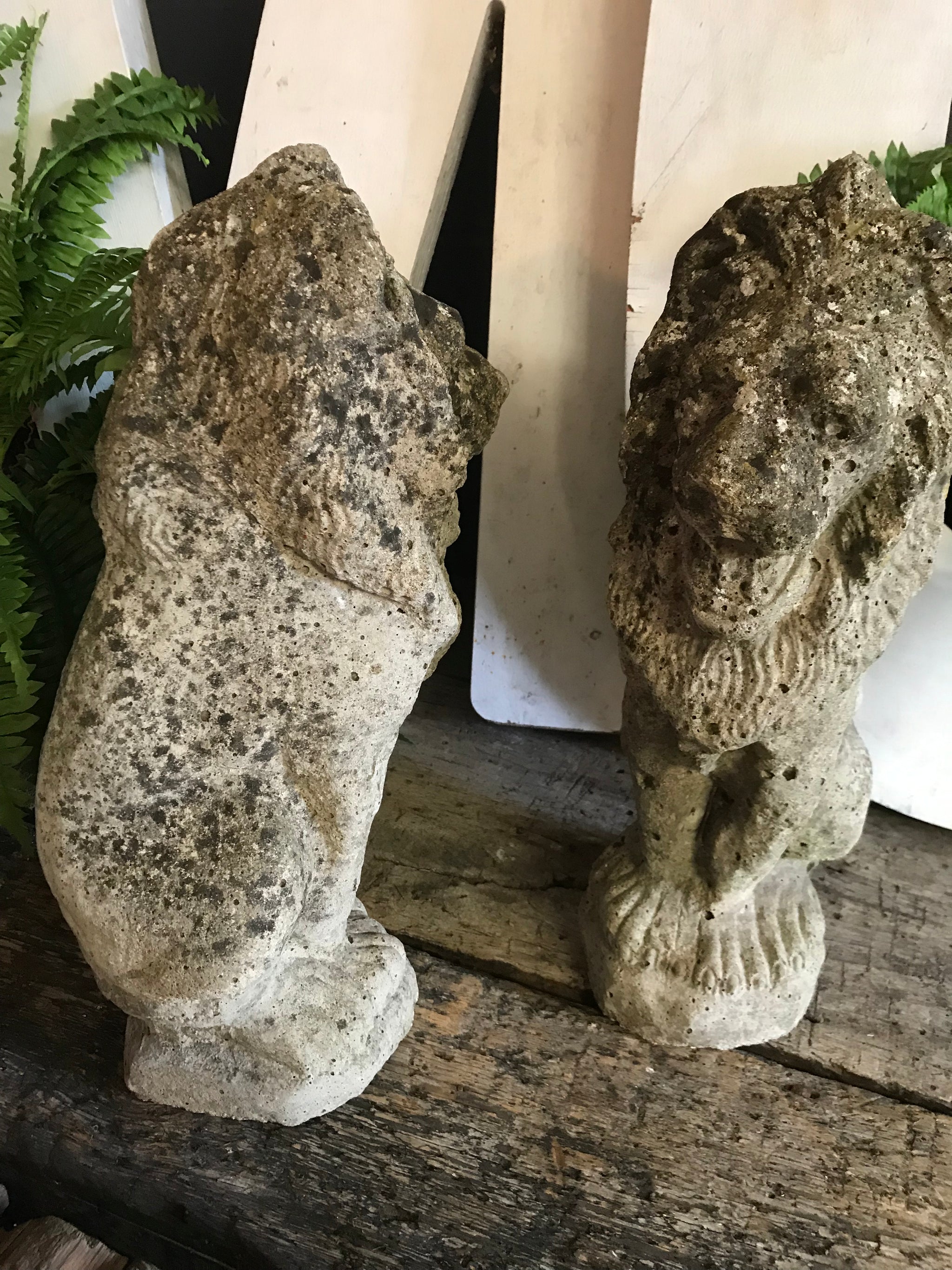 A pair of weathered cast stone lion statues