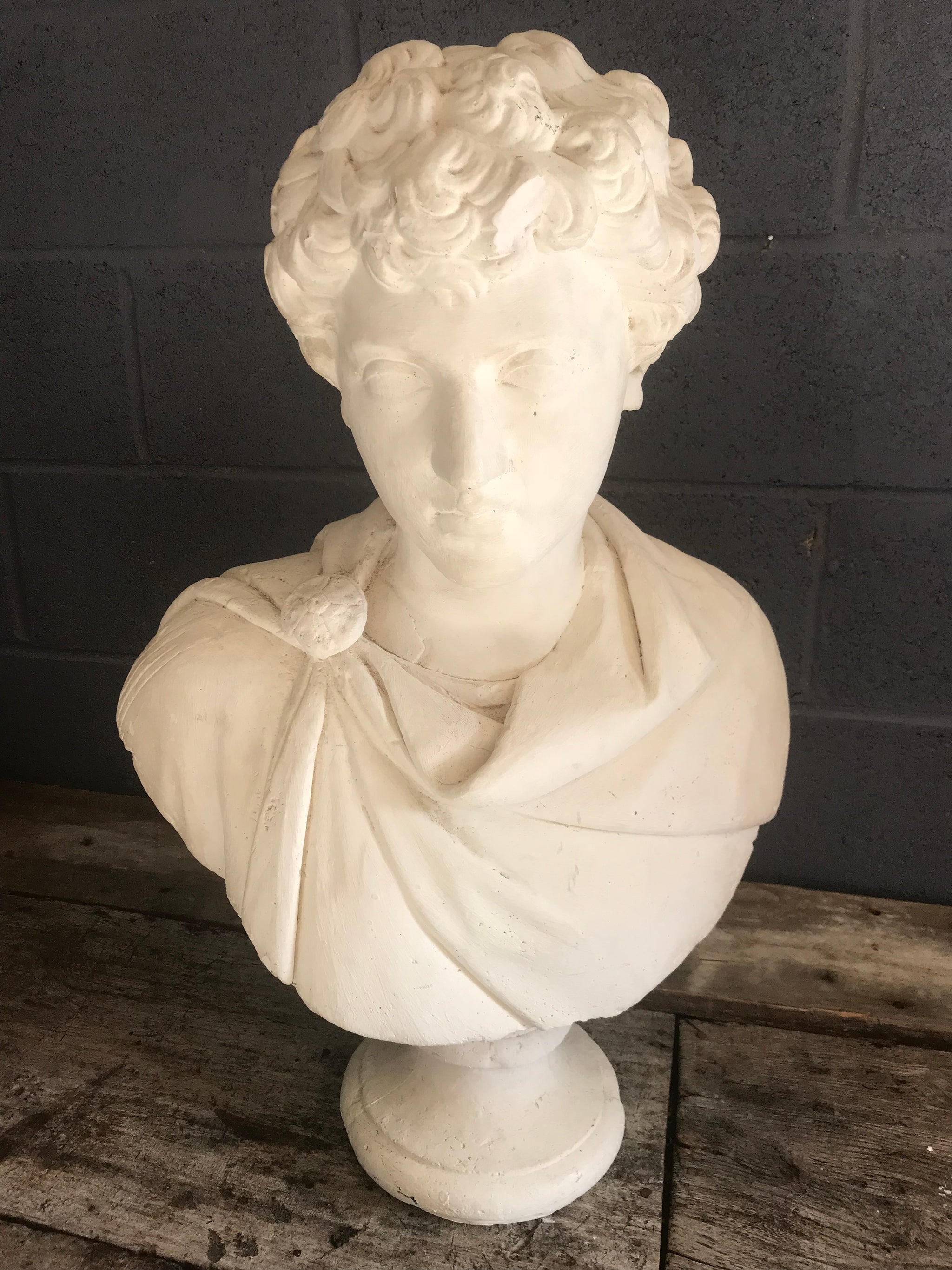 A large Neoclassical Roman bust in white plaster