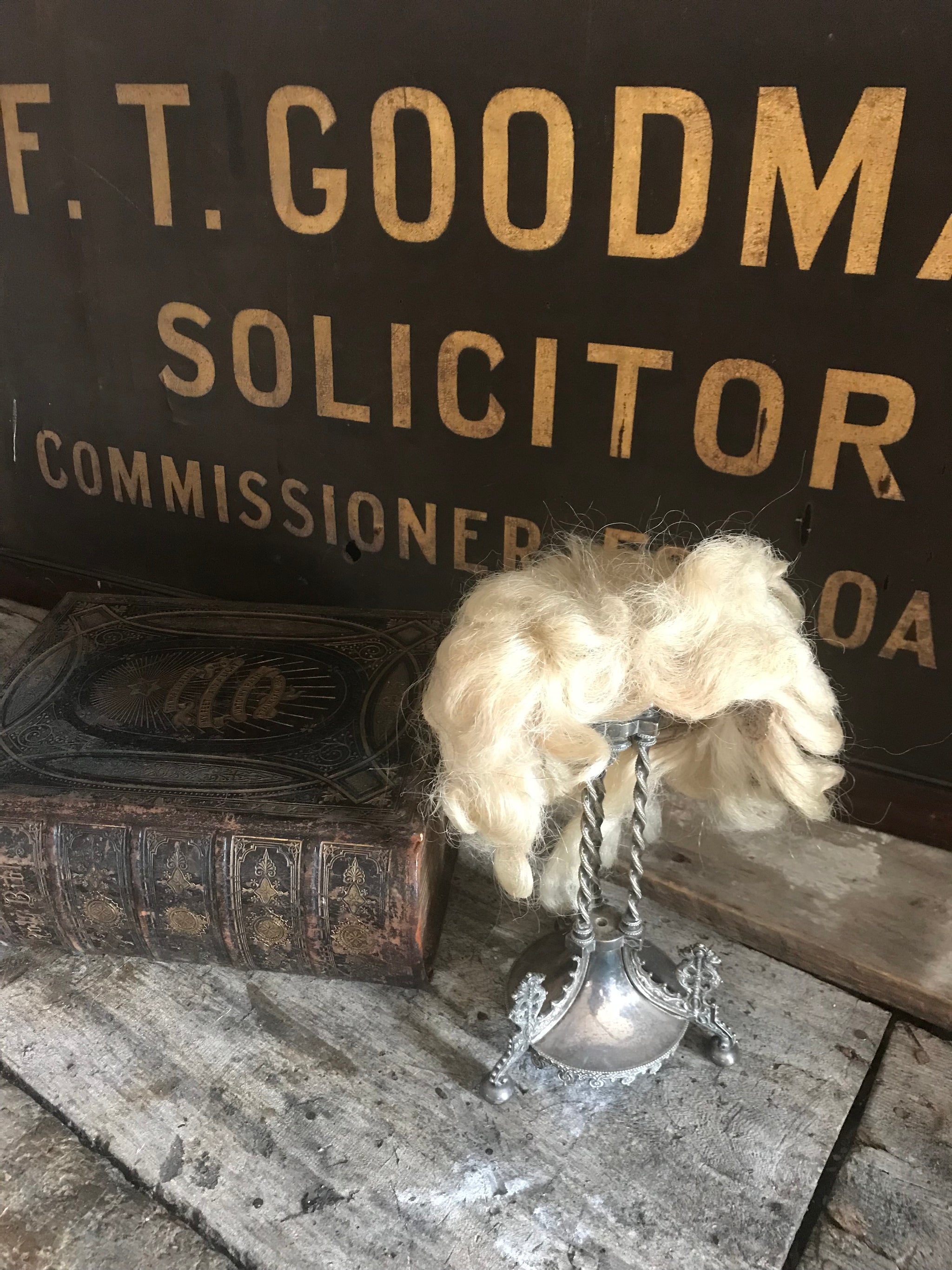 A vintage theatrical real hair white wig