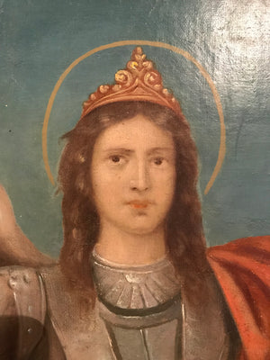A 19th Century oil on canvas painting of Archangel Michael and Lucifer