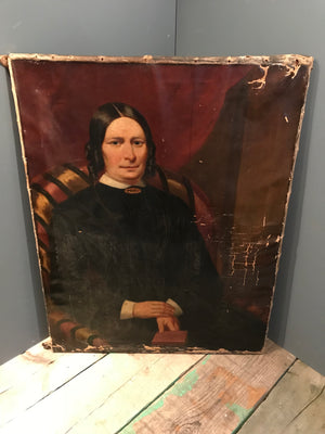A large Victorian oil on canvas painting of a seated lady