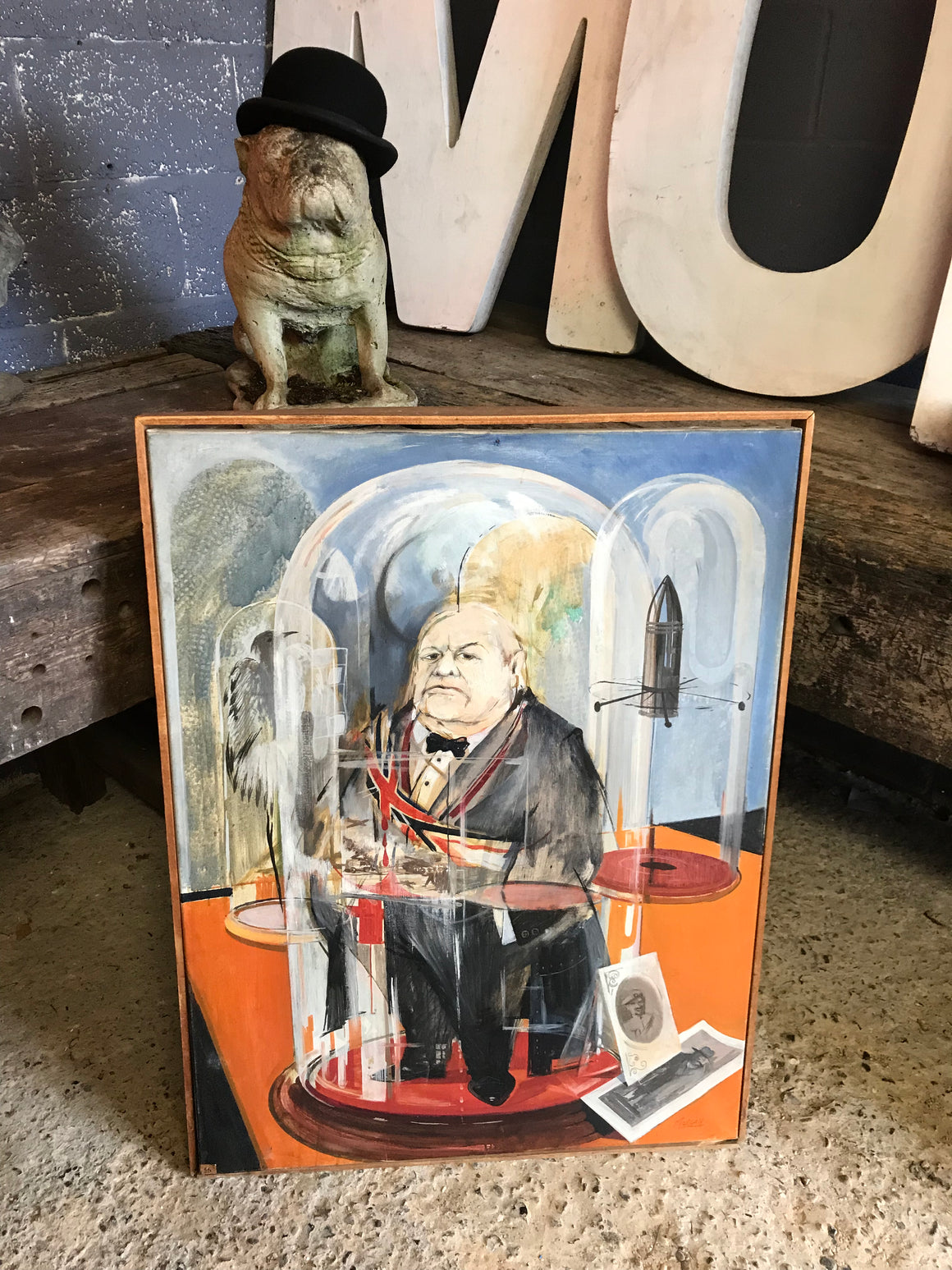 A signed modernist oil on canvas painting of Sir Winston Churchill