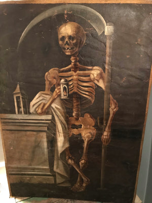 A 19th Century Italian Memento Mori skeleton vanitas oil painting
