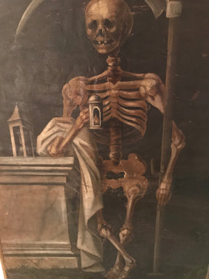 A 19th Century Italian Memento Mori skeleton vanitas oil painting