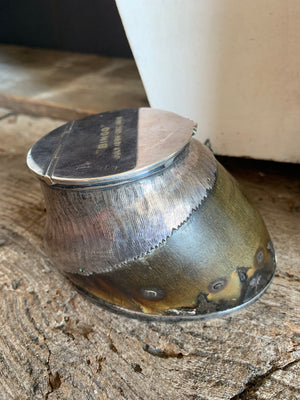 A silver plate horse hoof inkwell with engraved lid