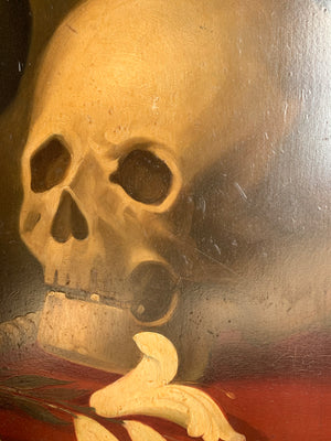 A 19th Century oil painting on tin of Saint Gerard Majella with memento mori skull
