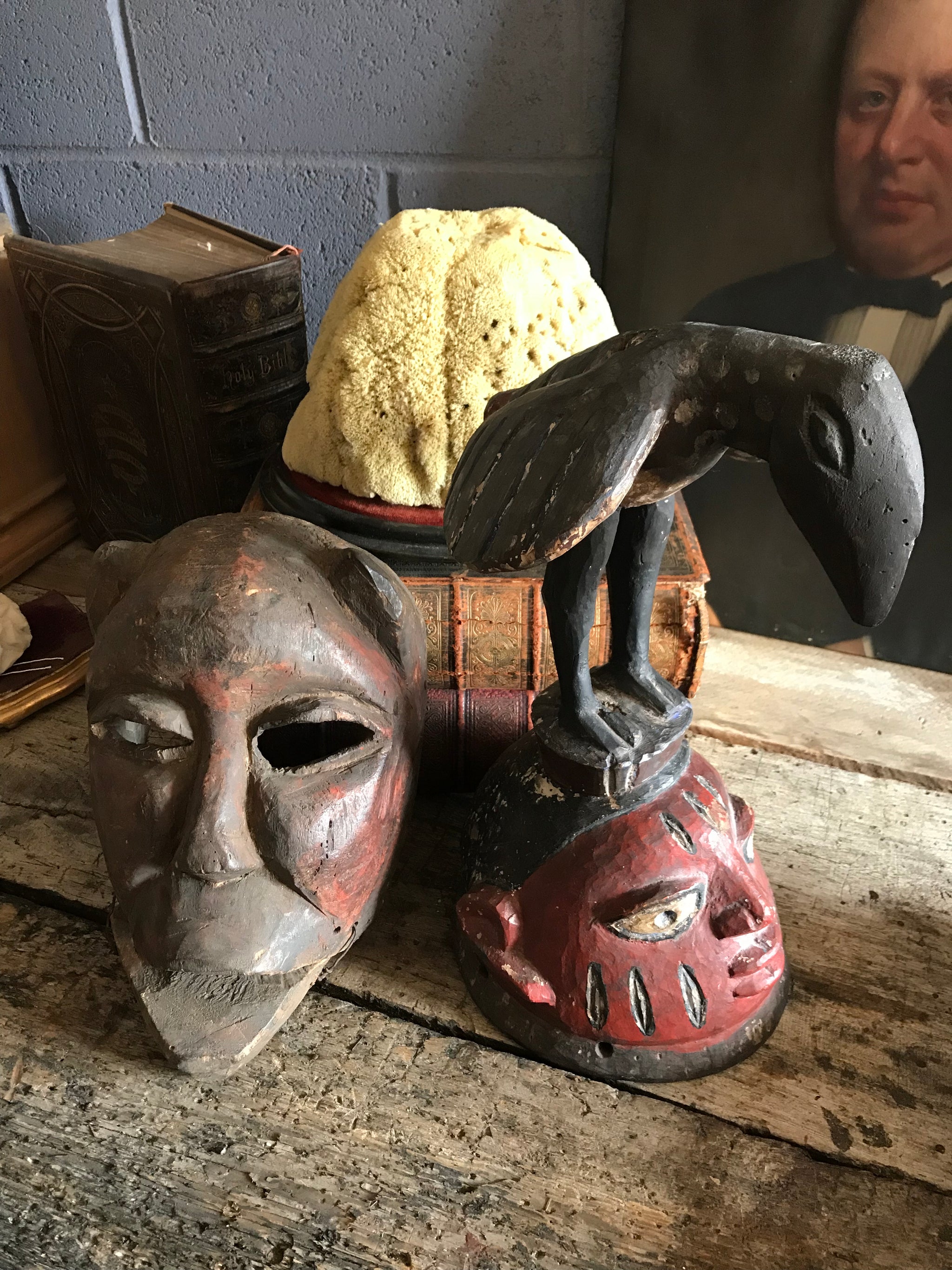 A large African tribal Yoruba Gelede bird helmet head mask