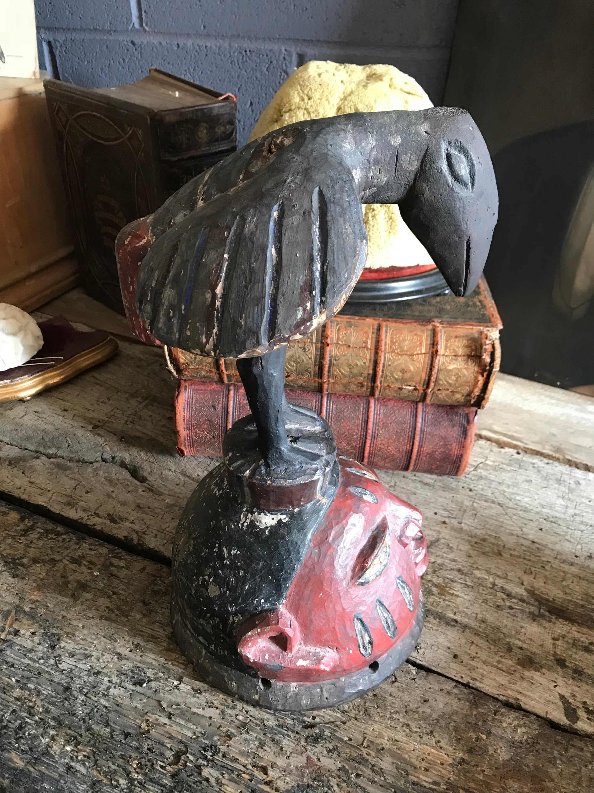 A large African tribal Yoruba Gelede bird helmet head mask
