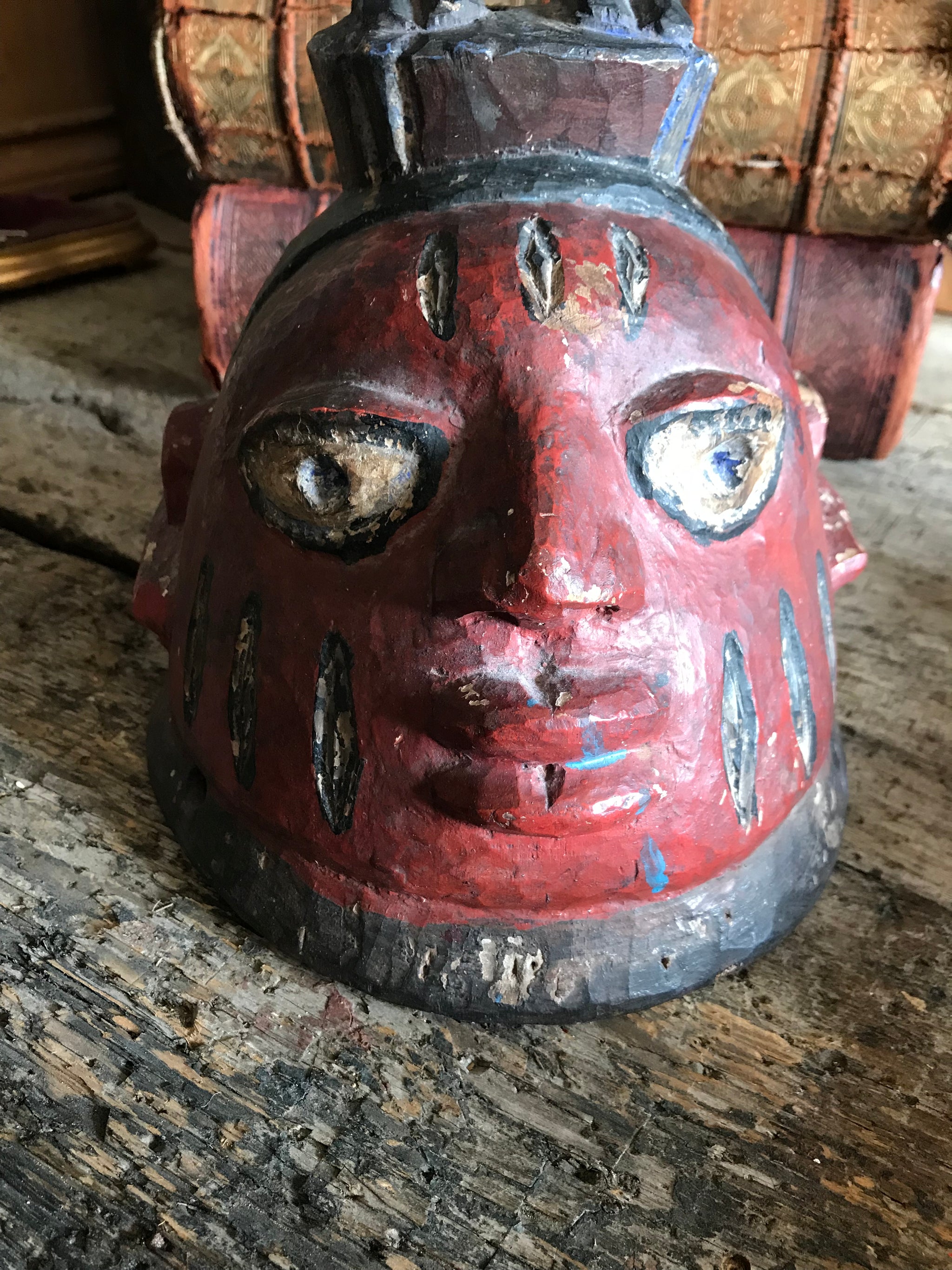 A large African tribal Yoruba Gelede bird helmet head mask