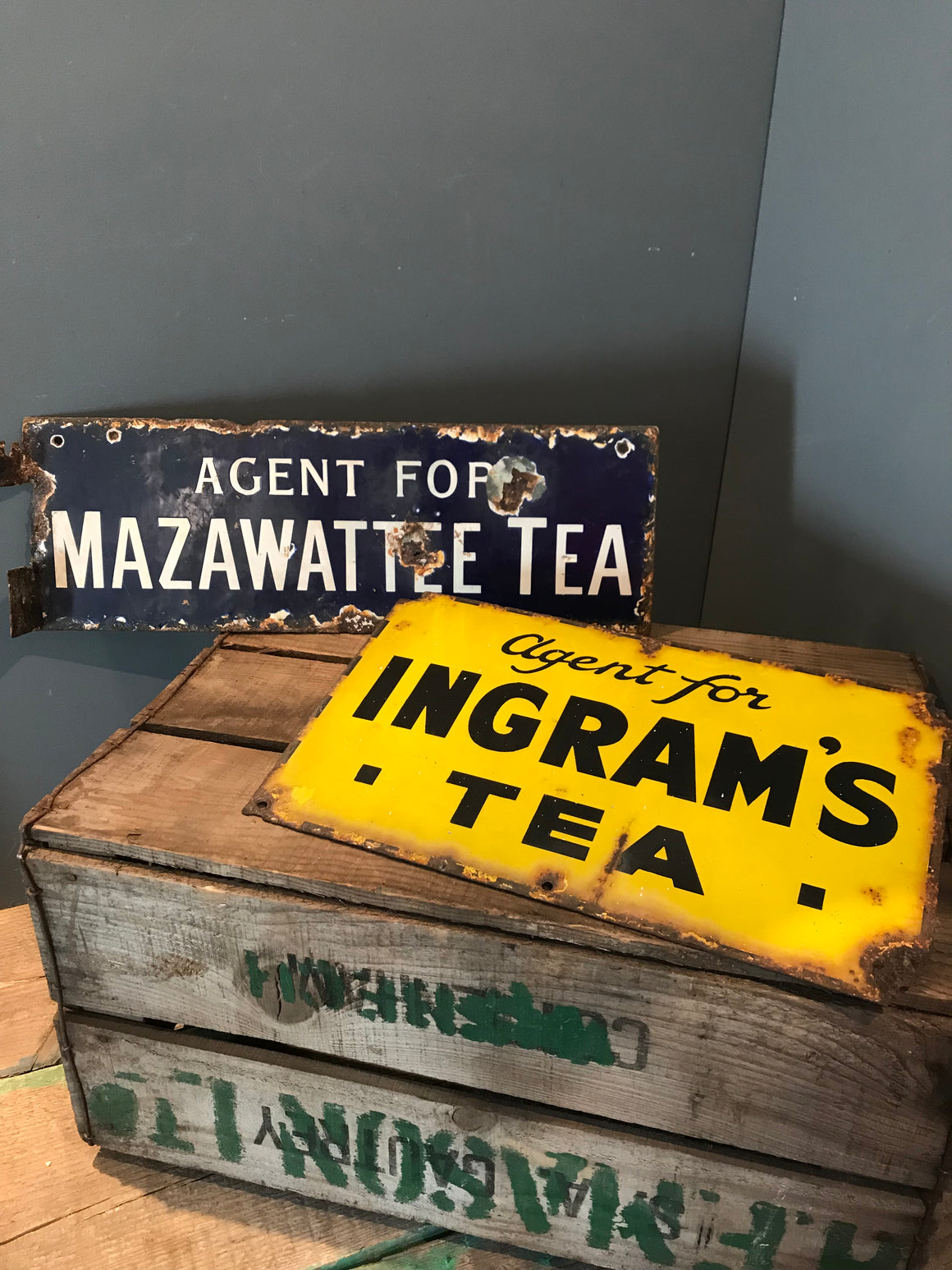 A Colonial Blue Enamel Mazawattee Tea Double Sided Advertising Sign