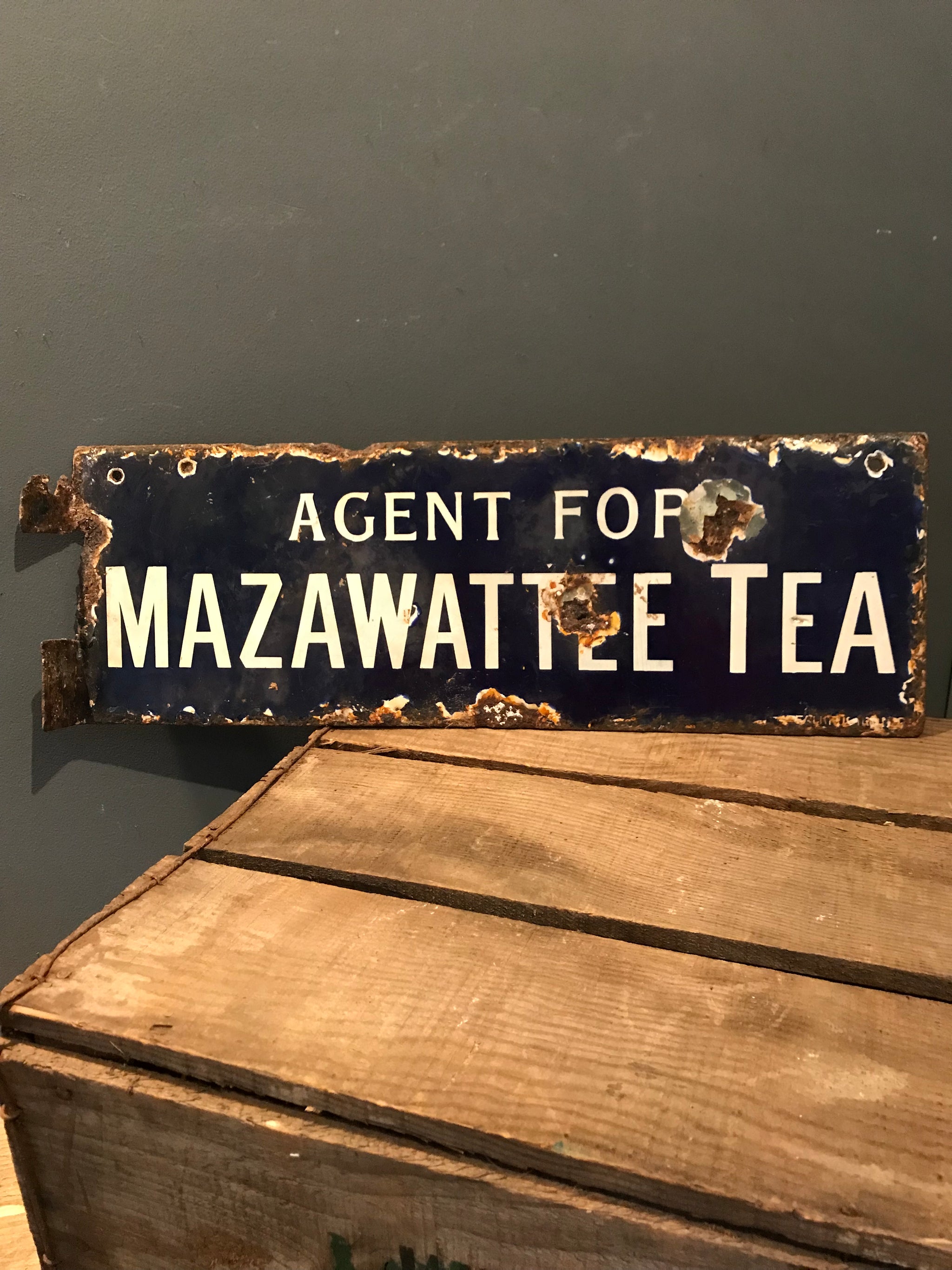 A Colonial Blue Enamel Mazawattee Tea Double Sided Advertising Sign