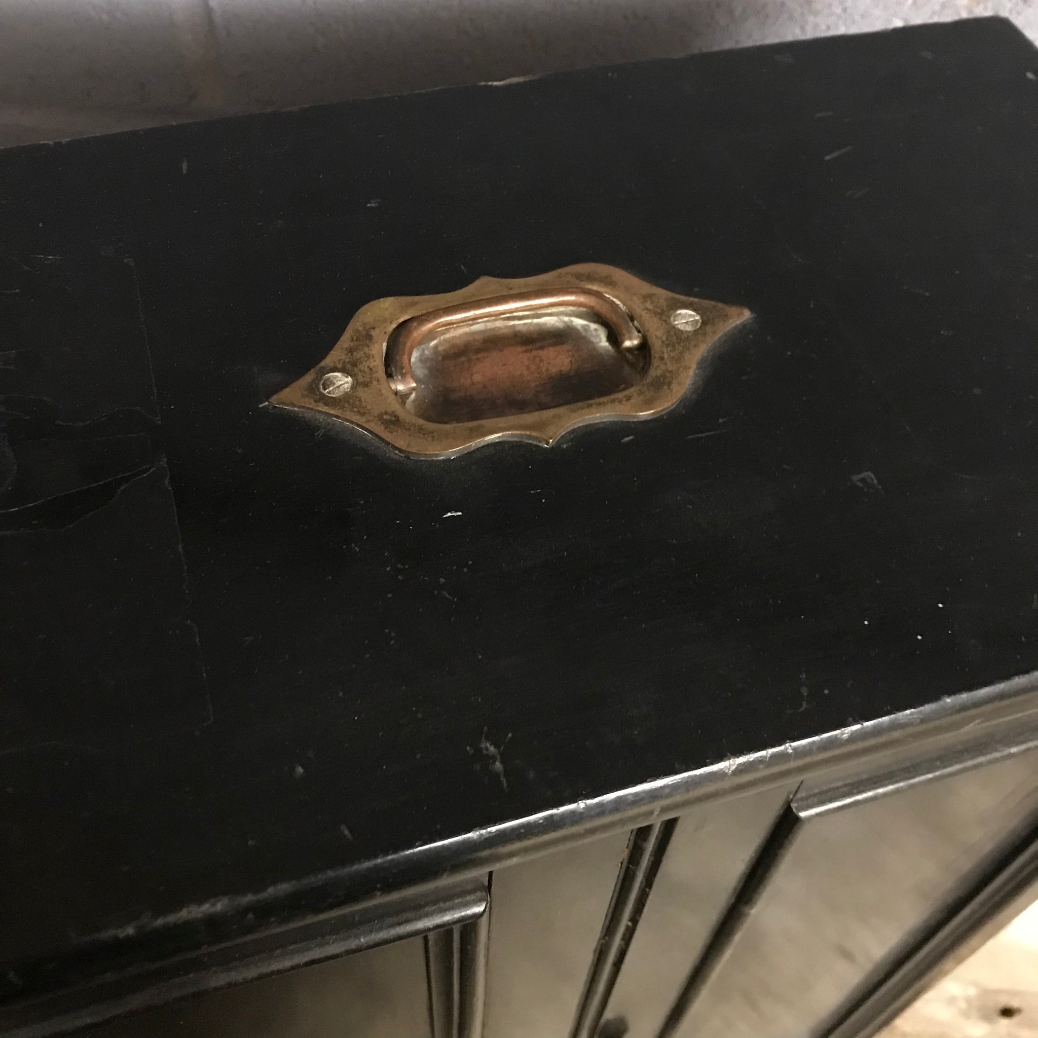 A black ebonised trophy display cabinet with red velvet inlay