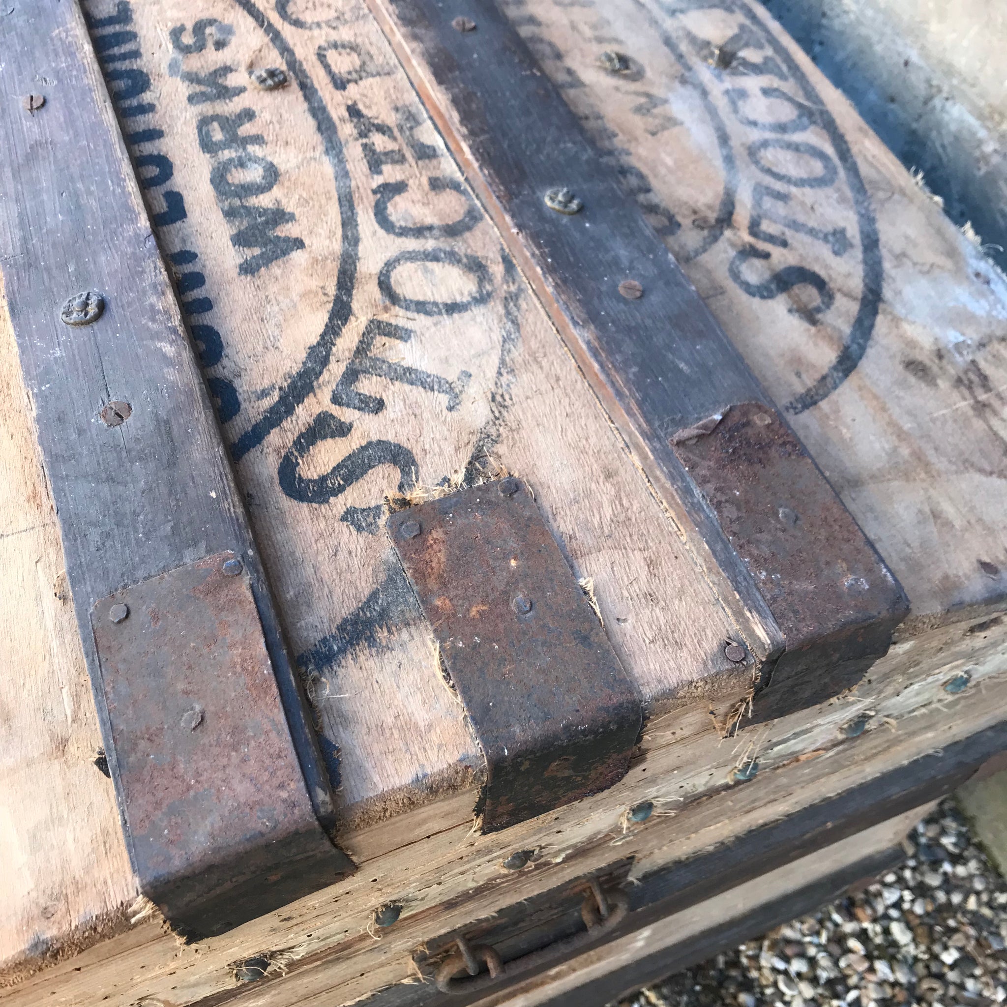 A Large Stripped Wooden Trunk with Domed Top and Stud Detailing