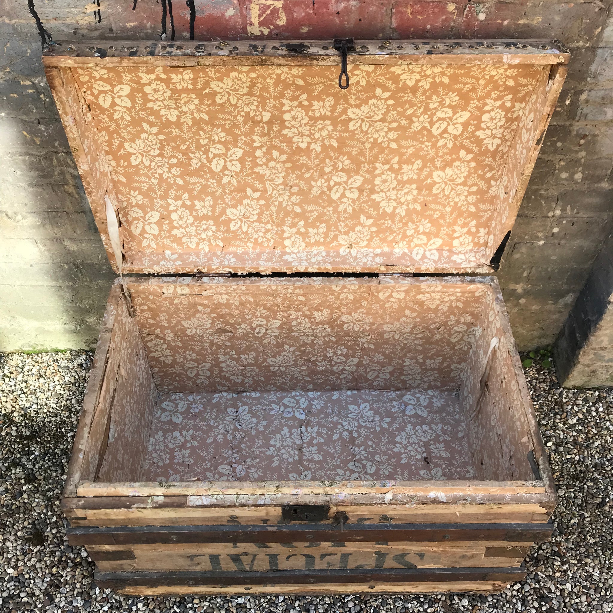 A Large Stripped Wooden Trunk with Domed Top and Stud Detailing